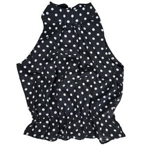 Black‎ White Polka Dot Halter Tie Neck Ruffle Hem Top Blouse Size M